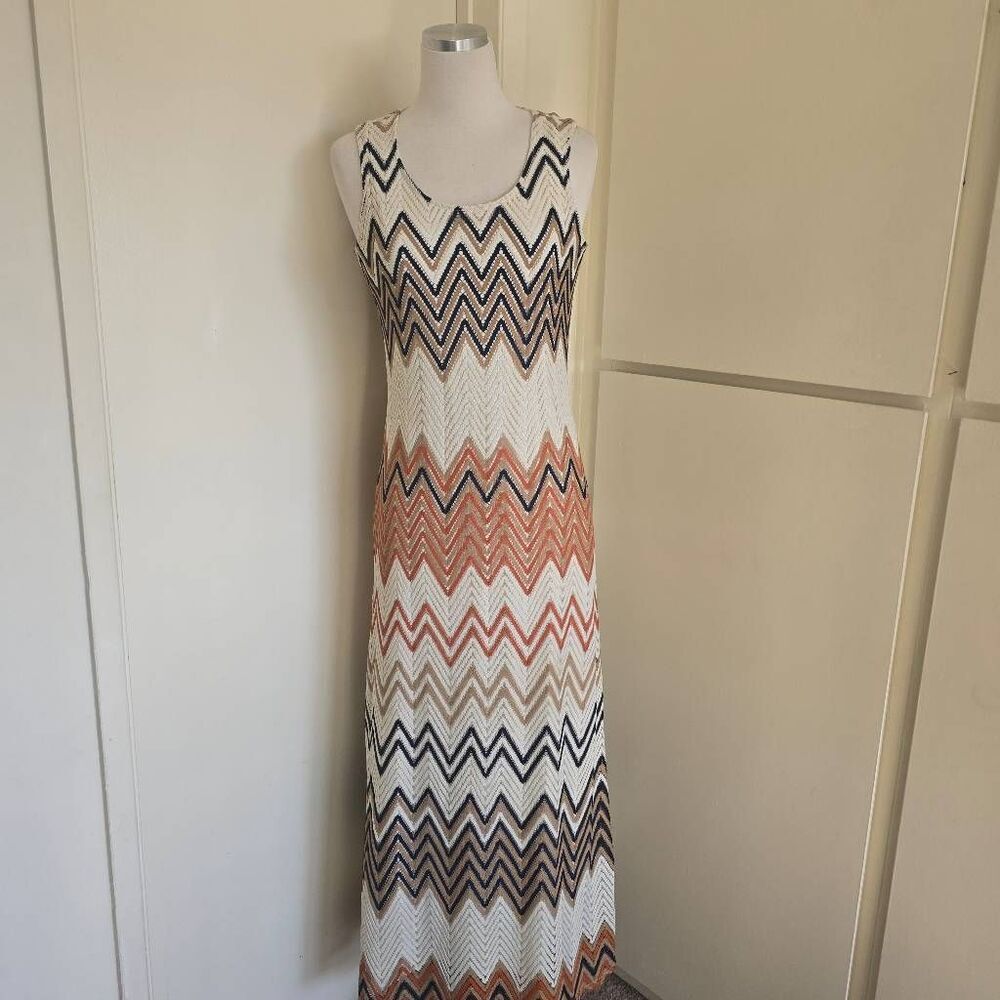 Sharagano Geometrical Lace Overlay Tank Maxi Dress, Ivory Multi, Lined, EUC, 10